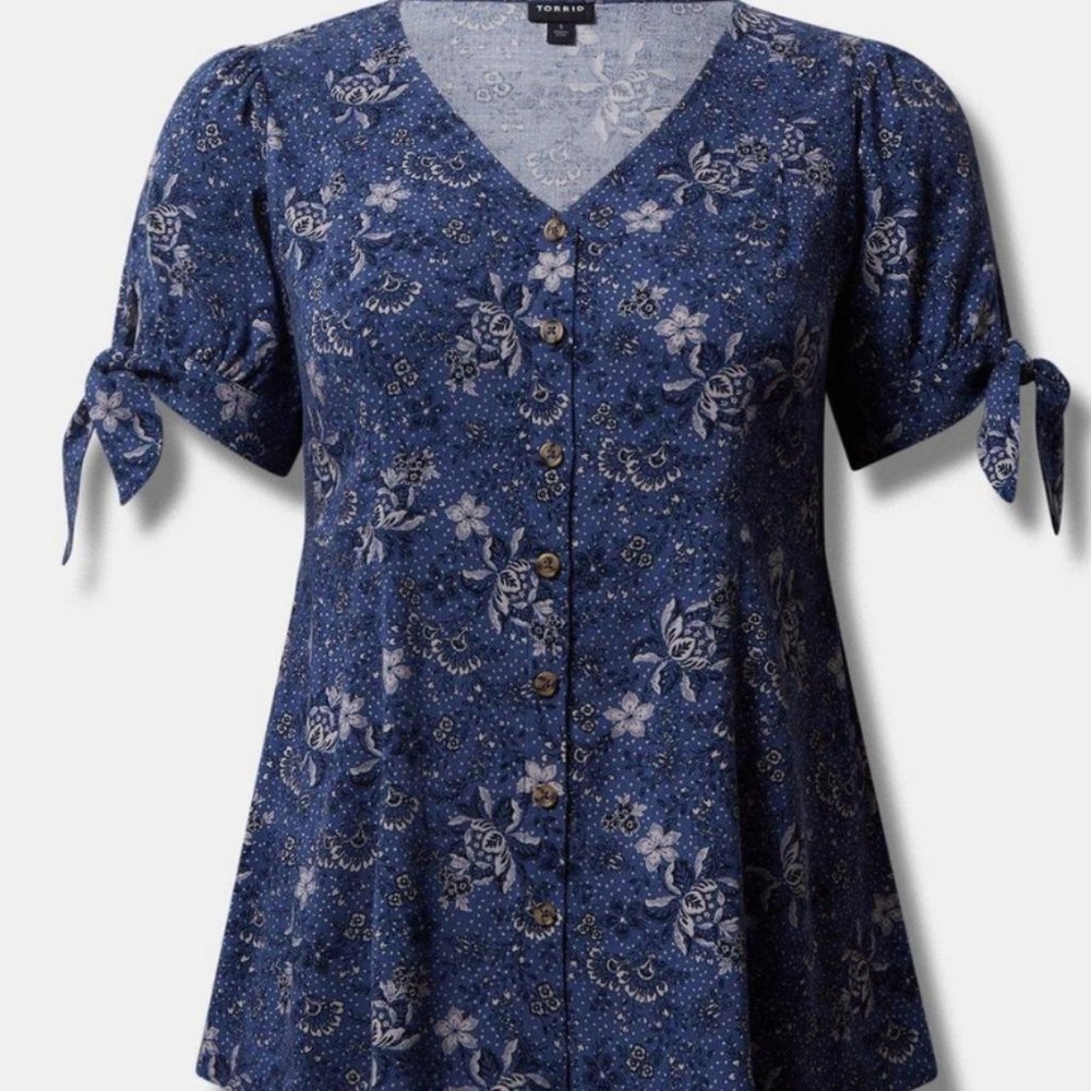 Torrid Floral Rayon Slub Button Up Tie Sleeve Top - image 3